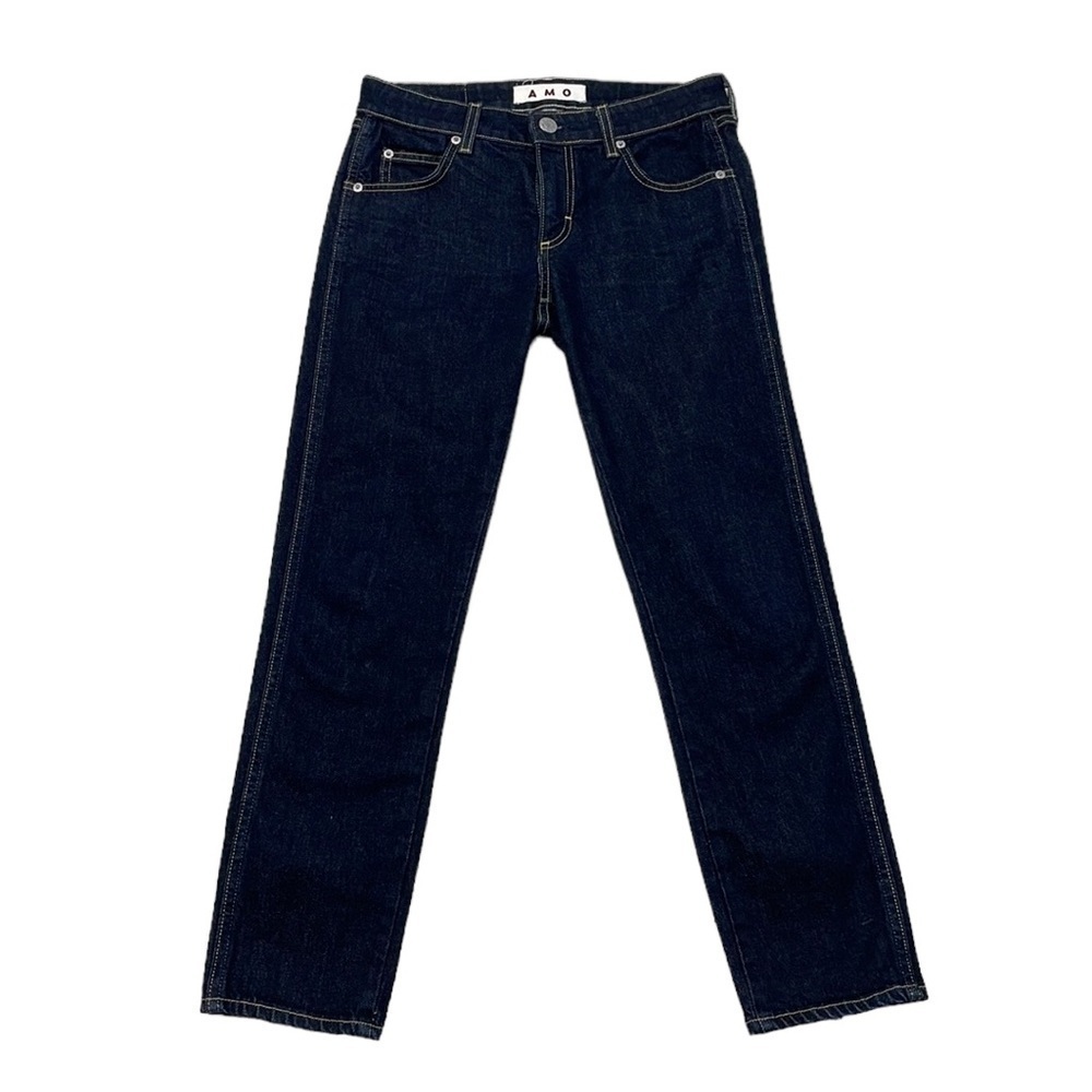 AMO Bow Jeans Ankle Straight Leg Soft Raw Dark Wash Blue Denim Size 25